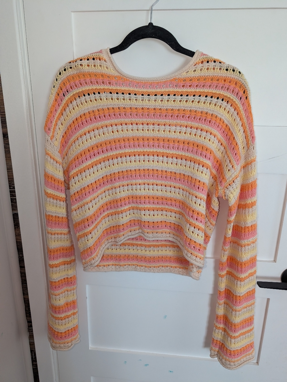 moon & Madison Lightweight Striped Crochet Sweater - Peach, Pink & Cream